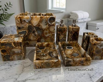 Handmade Brown Agate Bathroom Set Luxury Stone Vanity Decor Soap Dispenser Accessories Set