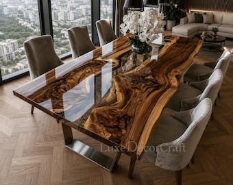 Live Edge Walnut Dining Table, Green Epoxy River Top, Luxury Wood Furniture
