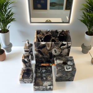 Luxury Brown Agate Gemstone Bathroom Accessory Set with Soap Dispenser Tumbler Tissue Box Tray & Toothbrush Holder Elegant Bathroom Set Dec