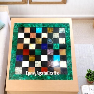 24&quot; Malachite Chess Board Handmade Chess With Black Marble and Red Carnelian, Malachite Semi-Precious Stone For  Best Father&#39;s Day Gift Deco