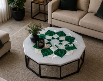 Mesa de centro com incrustações de mármore branco | Design floral mandala em malaquita, mesa octogonal em pietra dura