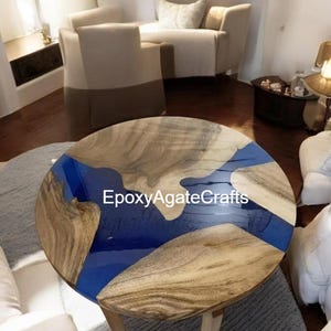 Handmade Round Epoxy Resin Coffee Table, Mid Century Modern Blue River Table, Unique Side End Table Home Decors