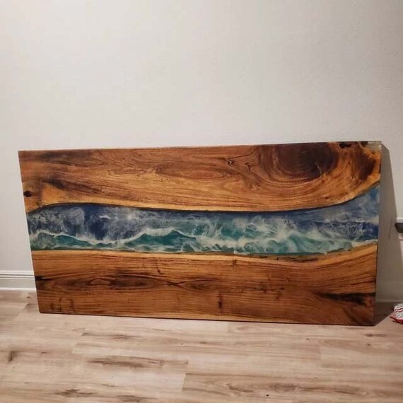 Ocean Waves Epoxy Resin Top Table Acacia Wooden Handmade Furniture Kitchen  Slab Countertop Office Meeting Desk Hallway Decors 