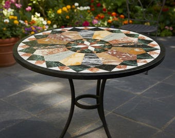 Handmade Marble Inlay Round Garden Table, Mosaic Patio Bistro Decor