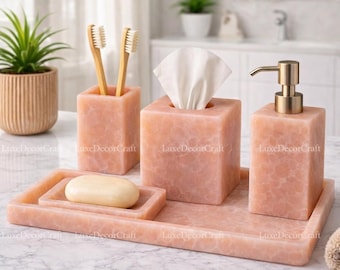 Rose Quartz Bathroom Set 5 Piece Vanity Accessories Luxury Stone Spa Decor Gift Set