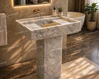 Lavabo de pedestal de mármol de Carrara de lujo, tocador de baño de mármol blanco macizo, lavabo de piedra hecho a mano