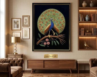 Zardozi Peacock Embroidery Wall Hanging | Velvet Fabric, Metallic Threads, Semi-Precious Stones