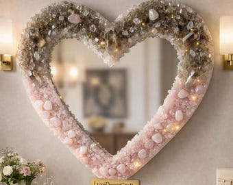 Heart Crystal Mirror: Smoky Quartz, Rose Quartz, Warm LED Lighting, Romantic Wall Décor