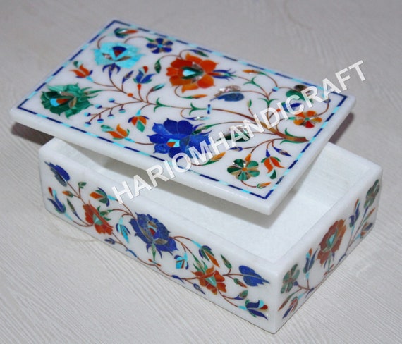 6x4x2 White Marble Jewelry Box Multi Semi Precious Gem Stones Floral Marquetry Inlay Wedding Gifts