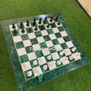 24&quot; Luxury Malachite Chess Board Game with Chess Pieces /Marble & Malachite Stone overlay work chess set, best Gift For Father&#39;s Day