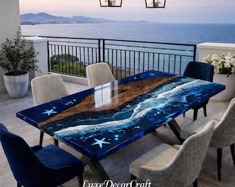 Ocean Epoxy Dining Table, Live Edge Wood River Furniture, Coastal Resin Art Piece