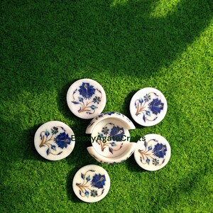 4&quot; Round Marble White Tea Coaster Set With Holder Lapis Stone Coaster Set with 6 Pcs Floral Design for Modern Arts Design Luxury Dinnerware