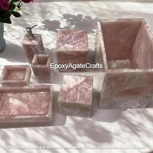 Handmade Rose Quartz Bathroom Accessories Set: 7 Pcs Pink Stone Vanity Decor
