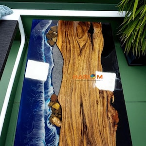 Ocean Epoxy Resin Table Handmade Live Edge Wood Tabletop Coastal Wave Design River Dining Table  Top Beach House & Living Room Furniture Dec
