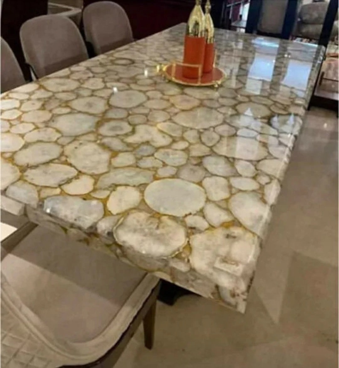 White Agate Dining Table Top, Natural Agate Conference Table, Agate