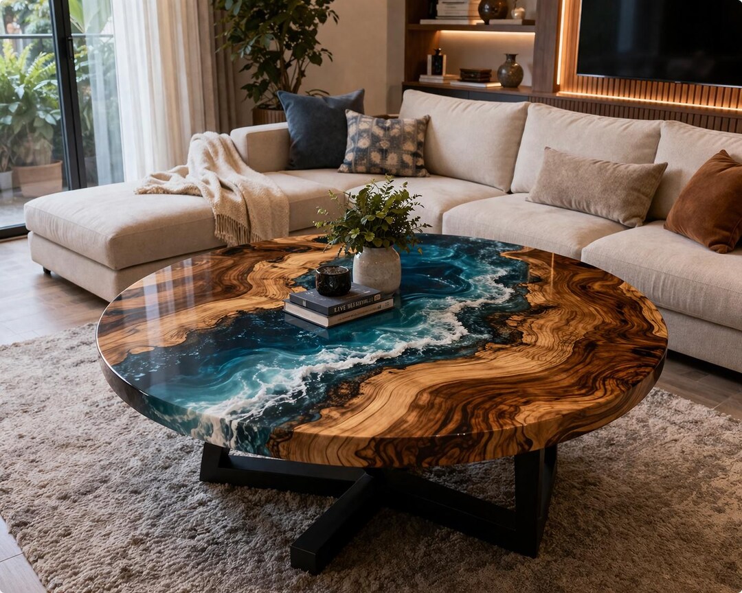 Round Live Edge Wood Epoxy Table – Ocean Resin Boardroom Furniture - Etsy