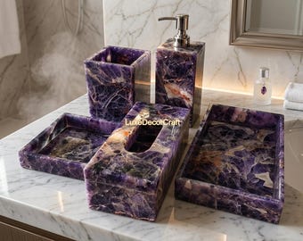 Natural Amethyst Stone Bathroom Set, Luxury Spa Vanity Decor, 5-Piece Crystal Bath Accessories