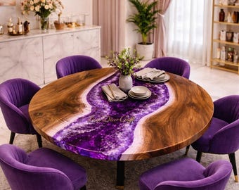 Handmade Live Edge Wood Epoxy Dining Table, Amethyst Resin River Furniture