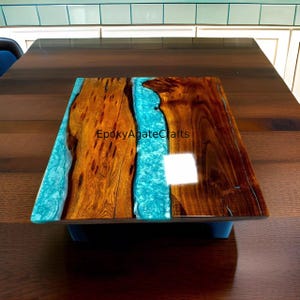 Square Blue Epoxy Resin Coffee Table Top Handmade Kitchen Slab Countertop Natural Acacia Wooden Live Edge Home Decors