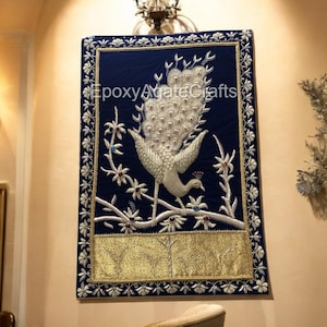 Handmade Zardozi Peacock Wall Hanging Luxurious Embroidered Tapestry, Royal Velvet Artwork, Indian Traditional Home Decor
