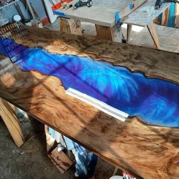 Blue Epoxy Resin Center Sofa Dining Table Top Acacia Wooden Live Edge Walnut Conference Meeting Desk Luxury Hallway Decors