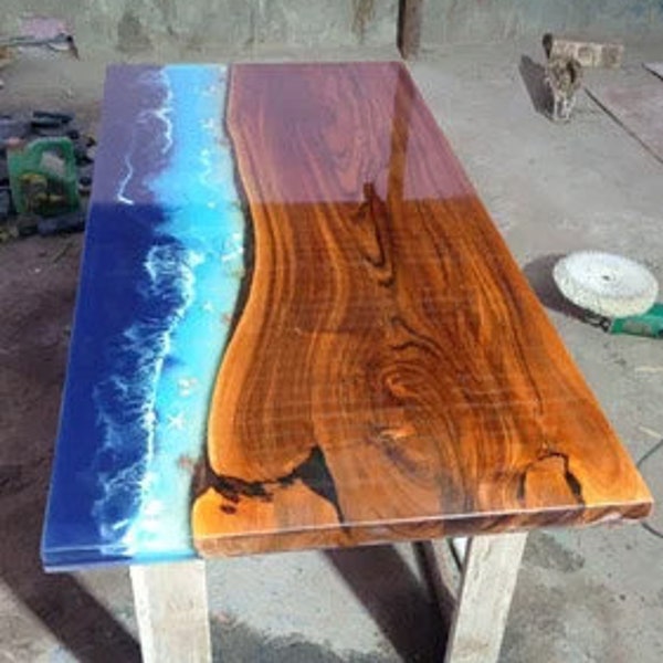 Ocean Wave Epoxy Resin Dining Table, Kitchen Slab Table, Counter Desk Cafeteria Top Wooden Live Edge Walnut Table, Handmade Decors