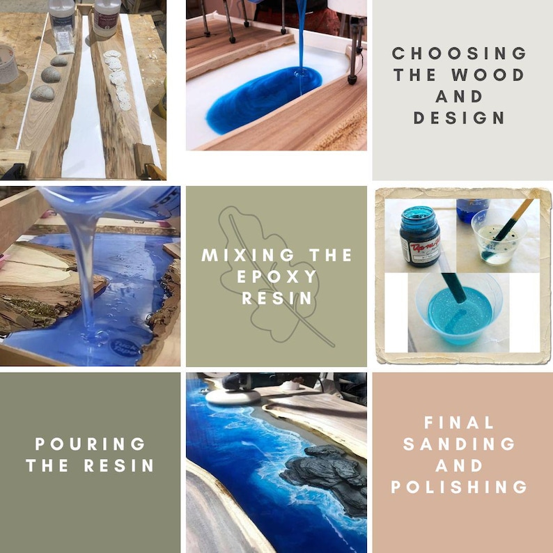 May include: A collage of images showing the steps involved in creating a resin river table. The images show the wood, the mixing of the epoxy resin, the pouring of the resin, and the final sanding and polishing.