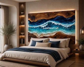 Ocean Resin Headboard Live Edge Wood Wall Art (King, Queen Size)