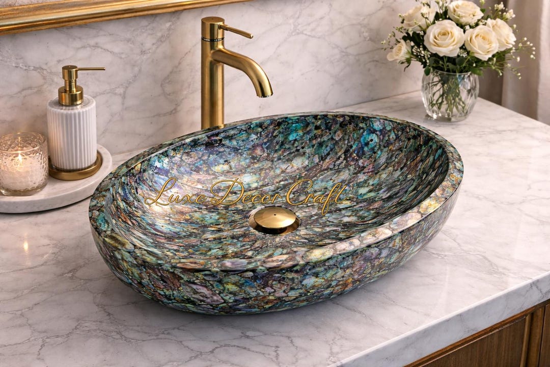 Shell Like Sink Handmade Abalone Shell Vessel Sink | Luxury Mosaic Stone Vanity Basin ...