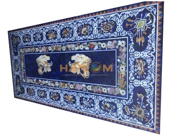 40"x80" Esstischplatte aus blauem Marmor, Lapislazuli, zufällige Intarsien, Pietra Dura, antike Mosaik-Inlays, Kunst, handgefertigte Möbel, Heimdekoration