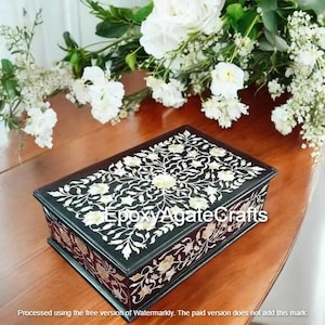 8&quot;x4&quot;x3&quot; Stunning Black Marble Top Storage Jewelry Box Mother Of Pearl Floral Inlay Marquetry Arts Handmade Occasional Gifted Box Decors