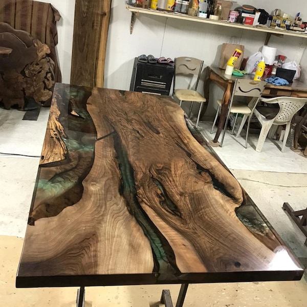 Custom Made Epoxy Resin Dining Table Natural Acacia Wooden Live Edge Handmade Furniture Conference Office Meeting Desk Hallway Decors