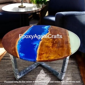 Handmade Round Blue Epoxy Resin Coffee Table | Acacia Wood Centerpiece with Iron Legs for Bar, Console, and Interior Room Decor