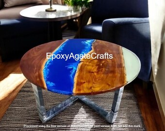 ブルーレジンリバーコーヒーテーブル：生木エッジ、アイアン脚 - Etsy 日本
