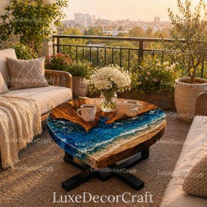 Heart Shape Epoxy Resin Ocean Waves Coffee Table Handmade Beach Style Resin Art Table Coastal Home Decor Top