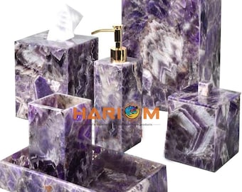 Amethyst Bathroom Agate Set for luxury Bathrooms Soap Dispenser Tooth Brush Holder Tray Tissue Box Holder and Soap Dish Stylish Decor