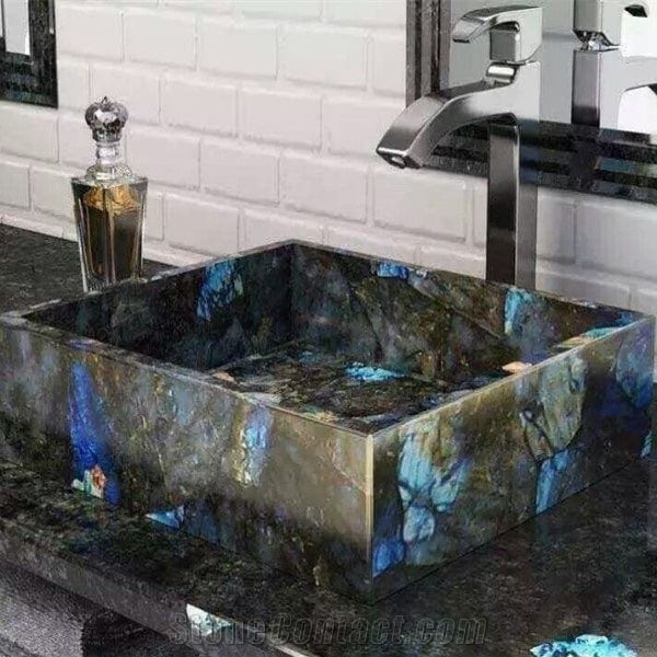 Labradorite Stone Top Sink/Washbasin, Labradorite Inlay Stone Top Geometrical Design Bathroom/Kitchen Accessories, Vessel Bathroom Decor