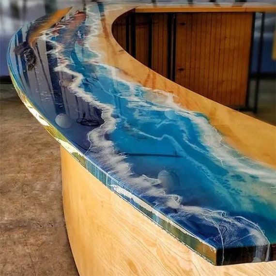 Ocean Waves Epoxy Resin Top Table Acacia Wooden Handmade Furniture Kitchen  Slab Countertop Office Meeting Desk Hallway Decors 