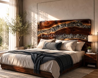 Testiera del letto di design in legno e resina, lussuosa pietra, realizzata a mano su misura, pezzo forte per la camera da letto, decorazione murale di grande impatto.