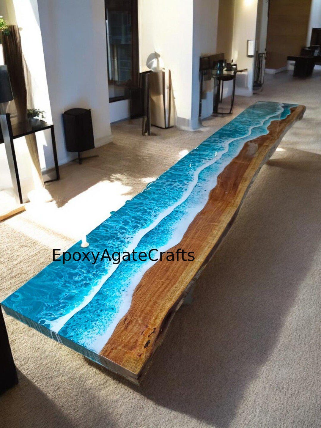 Handmade Acacia Wood & Ocean Blue Epoxy Resin Table: Live Edge Coastal ...