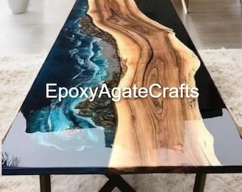Custom Ocean Wave Epoxyhars eettafel: acaciahout Live Edge