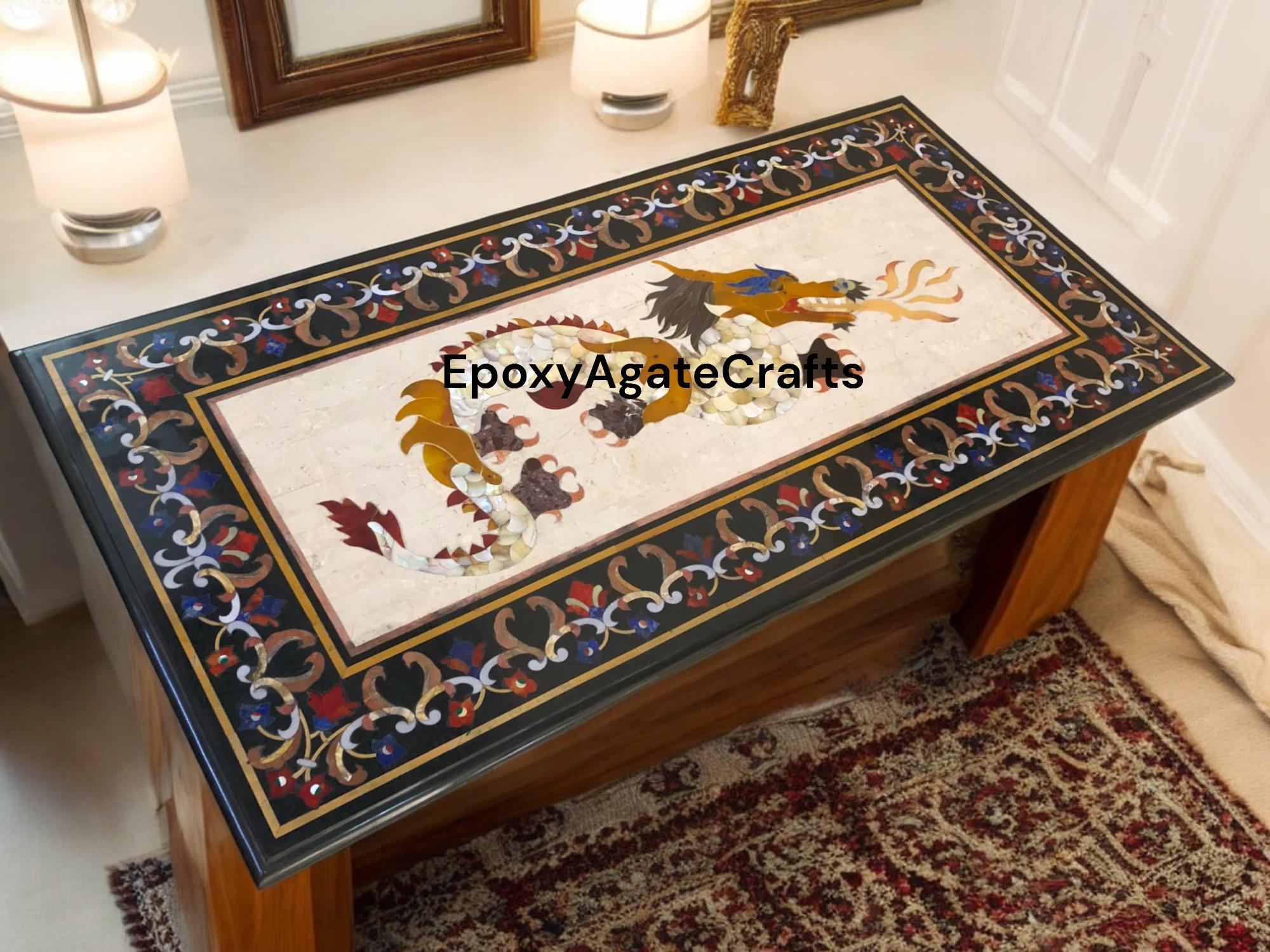 黒大理石ダイニングテーブル：ドラゴン象嵌、宝石の寄木細工（72インチ