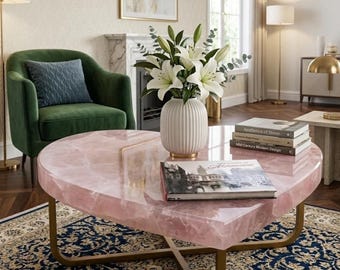 Heart-Shaped Rose Quartz Coffee Table: Handmade Crystal Gemstone Decor