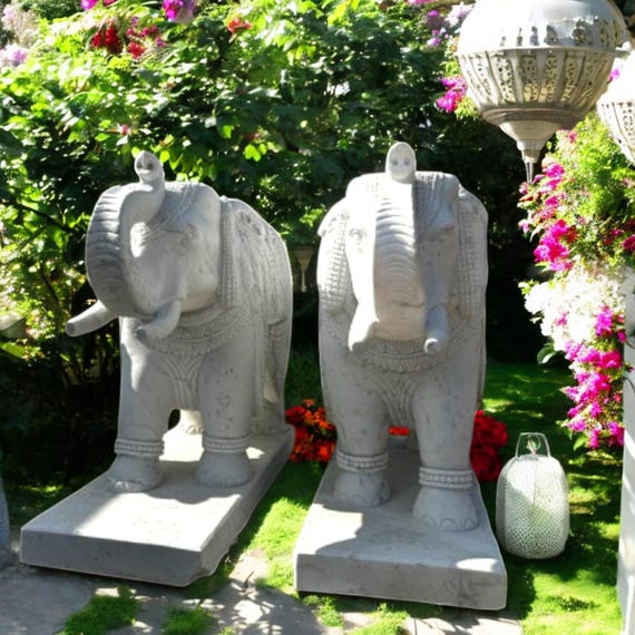 手彫りの白い大理石の象の像（ペア）：風水インテリア - Etsy 日本