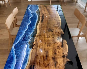 Custom Made Ocean Epoxy Resin Dining Table Top Conference Wooden Furniture Live Edge Countertop Handmade Luxury Kitchen Slab Decors