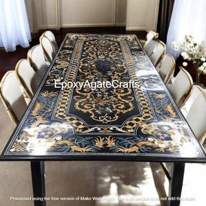 Black Marble Inlay Dining Table: Semi Precious Stone, Handmade