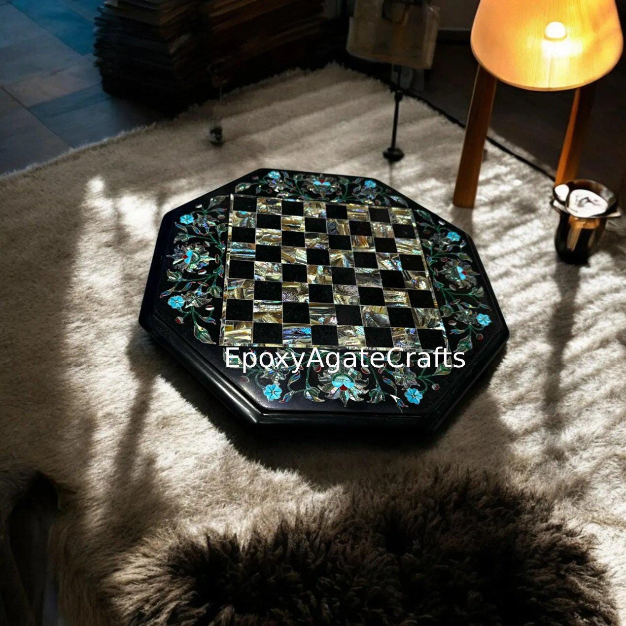 24インチの黒大理石チェステーブル：ピエトラ・ドゥーラの花模様の象嵌