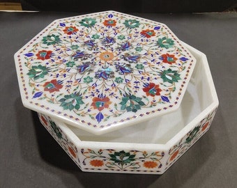 12"x12"x3" White Octagonal Vintage ewelry Box Inlaid With Semi Precious stones, Wedding Ring Box, White ring box, Stone Ring Box Gifts