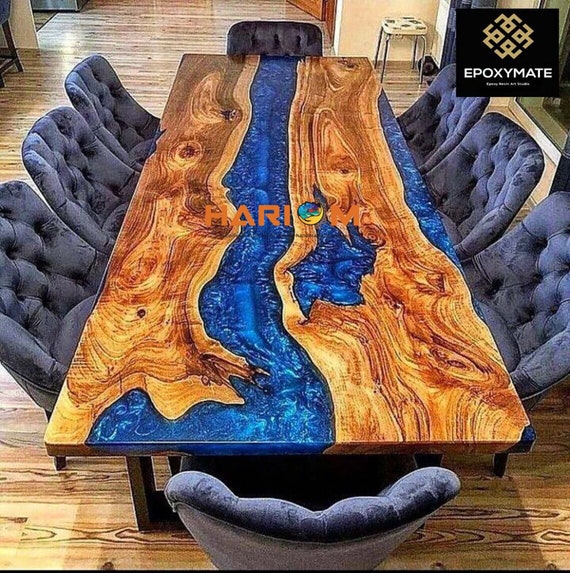 Blue Epoxy Resin Table Mid Century Modern Arts Epoxy Wooden