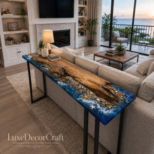 Ocean Wave Epoxy Console Table: Handmade Live Edge Wood Coastal Resin Furniture